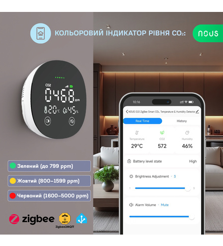 Розумний датчик CO₂, температури та вологості NOUS Zigbee E10