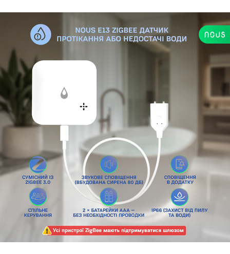 Розумний ZigBee датчик протікання/недостачі води NOUS E13